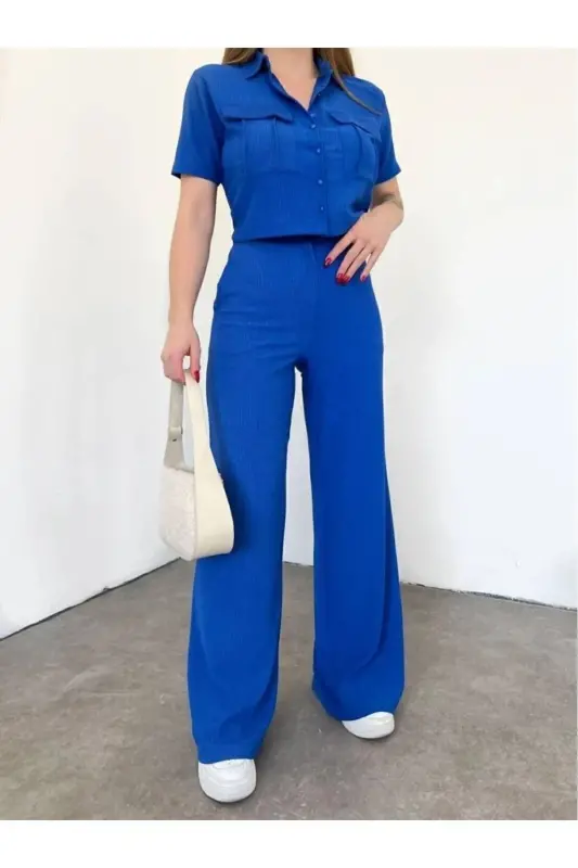 Women's Button Detailed Flap Pocket Pantsuit-Sax - 2