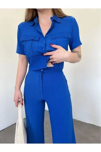 Women's Button Detailed Flap Pocket Pantsuit-Sax - 3
