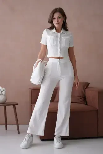 Women's Button Detailed Flap Pocket Pantsuit-White - 1