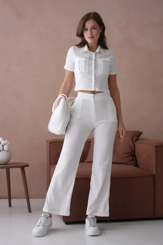 Women's Button Detailed Flap Pocket Pantsuit-White - VOLT CLOTHİNG
