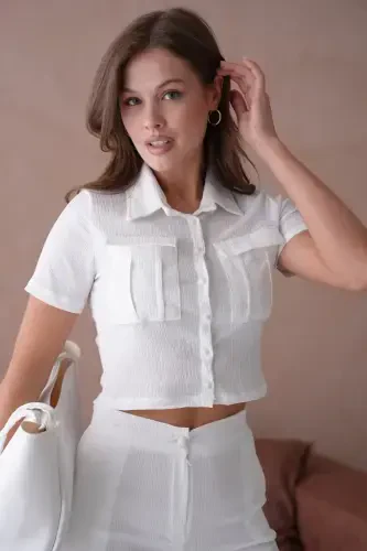 Women's Button Detailed Flap Pocket Pantsuit-White - VOLT CLOTHİNG (1)