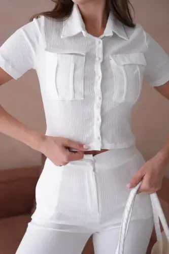 Women's Button Detailed Flap Pocket Pantsuit-White - 3