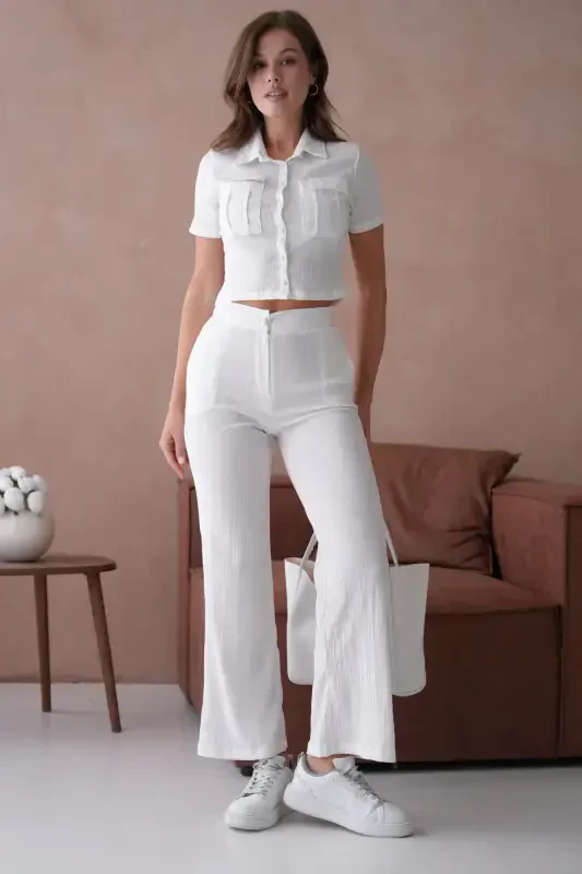 Women's Button Detailed Flap Pocket Pantsuit-White - 4