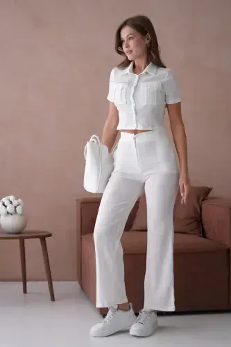 Women's Button Detailed Flap Pocket Pantsuit-White - 6