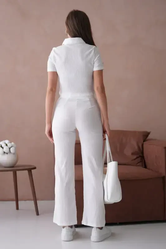 Women's Button Detailed Flap Pocket Pantsuit-White - 8