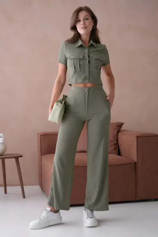 Women's Button Detailed Flap Pocketed Pantsuit-Khaki - 1