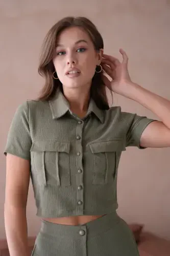 Women's Button Detailed Flap Pocketed Pantsuit-Khaki - VOLT CLOTHİNG (1)