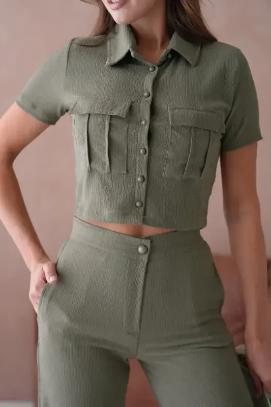 Women's Button Detailed Flap Pocketed Pantsuit-Khaki - 3