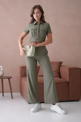 Women's Button Detailed Flap Pocketed Pantsuit-Khaki - 4