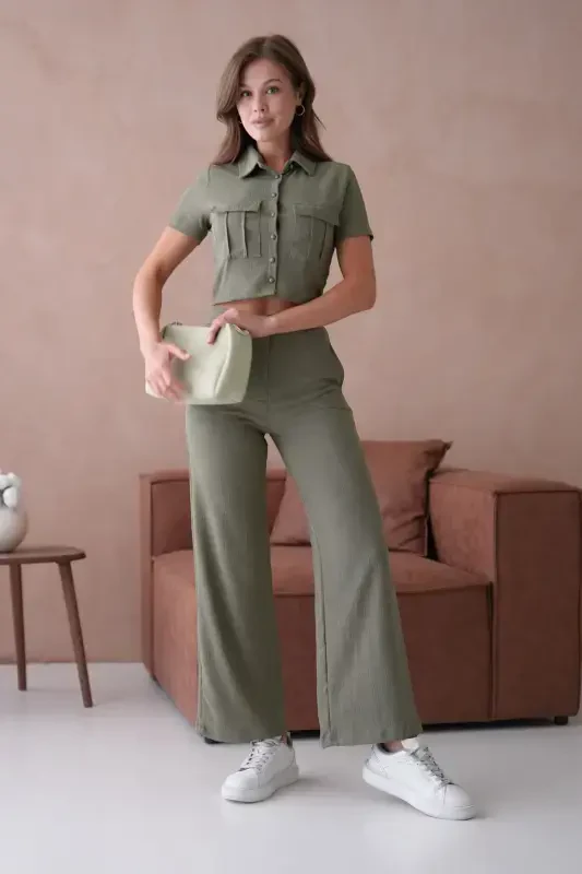 Women's Button Detailed Flap Pocketed Pantsuit-Khaki - 4