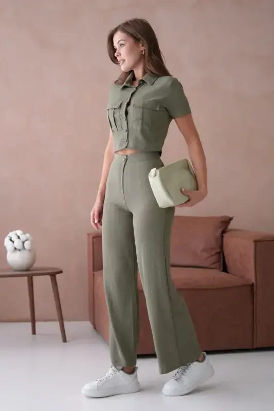 Women's Button Detailed Flap Pocketed Pantsuit-Khaki - 6
