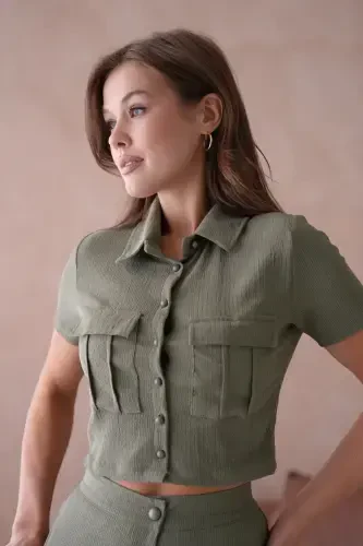 Women's Button Detailed Flap Pocketed Pantsuit-Khaki - 7