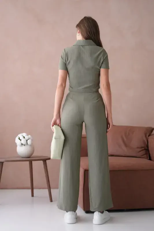 Women's Button Detailed Flap Pocketed Pantsuit-Khaki - 8