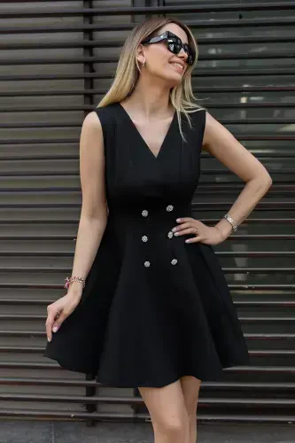 Women's Button Detailed Sleeveless Crossover Collar Black Flared Evening Dress Graduation Dress 9347-BLACK - 1