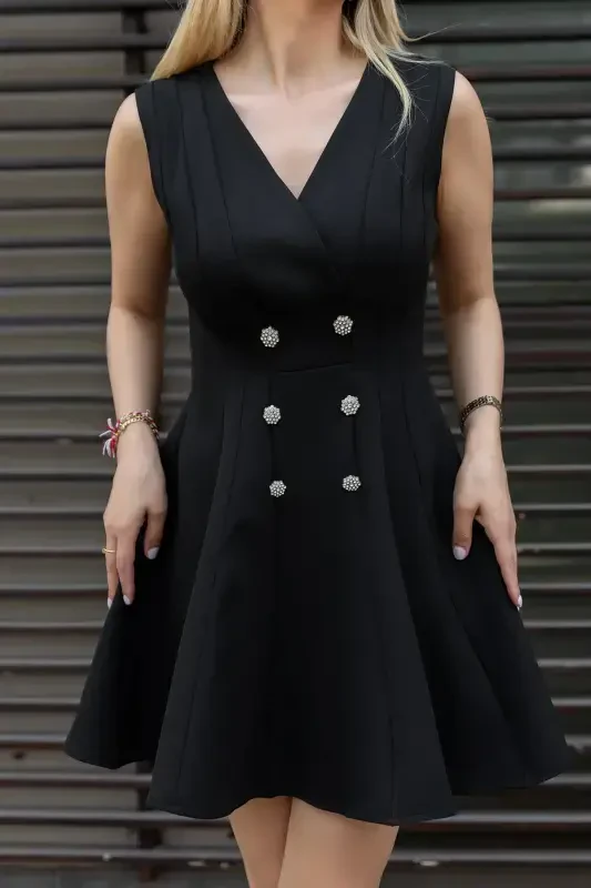 Women's Button Detailed Sleeveless Crossover Collar Black Flared Evening Dress Graduation Dress 9347-BLACK - 2