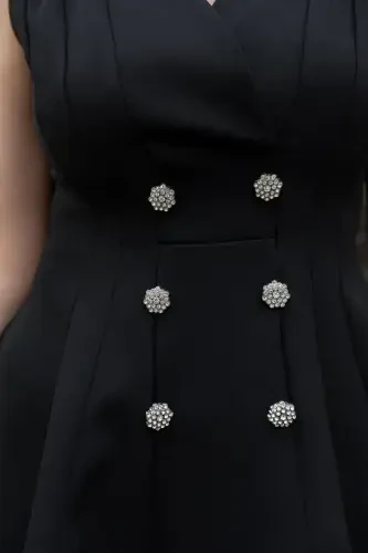 Women's Button Detailed Sleeveless Crossover Collar Black Flared Evening Dress Graduation Dress 9347-BLACK - 3