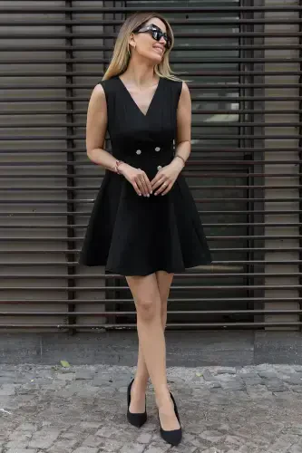 Women's Button Detailed Sleeveless Crossover Collar Black Flared Evening Dress Graduation Dress 9347-BLACK - 5