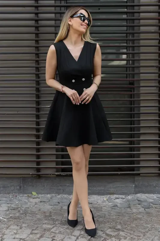 Women's Button Detailed Sleeveless Crossover Collar Black Flared Evening Dress Graduation Dress 9347-BLACK - 5