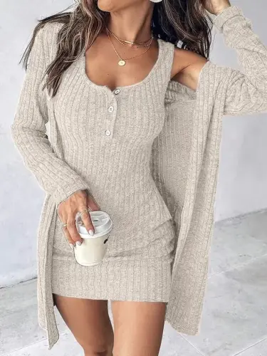 Women's Button-Front Round Neck Sleeveless Plush Corset Mini Dress And Short Jacket - 1