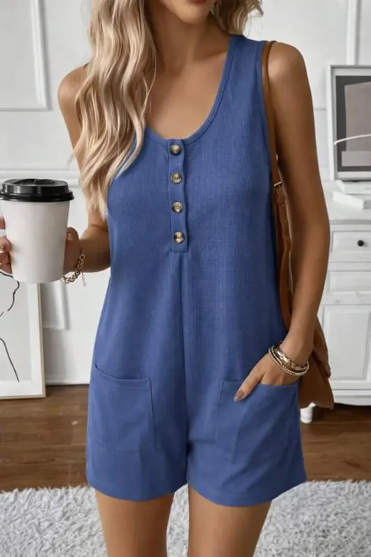 Women's Button-Front Waffle Knit Short Romper with Straps - BÜYÜKBEDENIZ