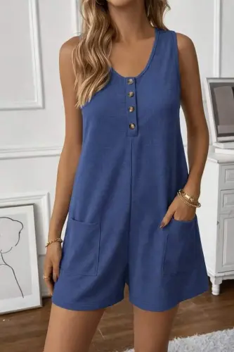 Women's Button-Front Waffle Knit Short Romper with Straps - BÜYÜKBEDENIZ (1)