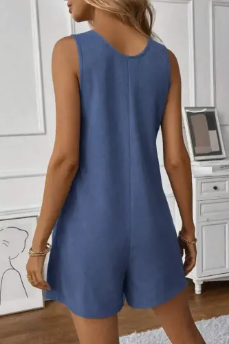 Women's Button-Front Waffle Knit Short Romper with Straps - 4