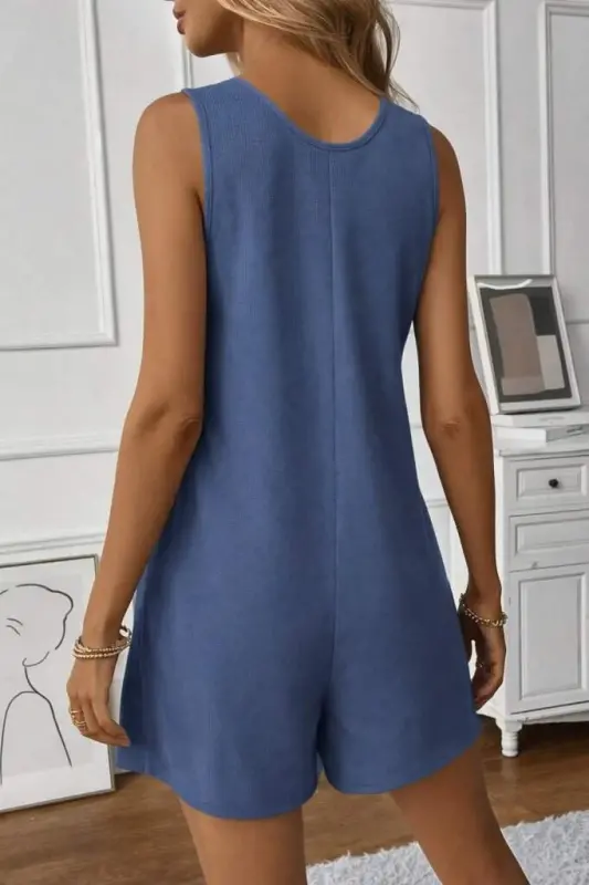 Women's Button-Front Waffle Knit Short Romper with Straps - 4