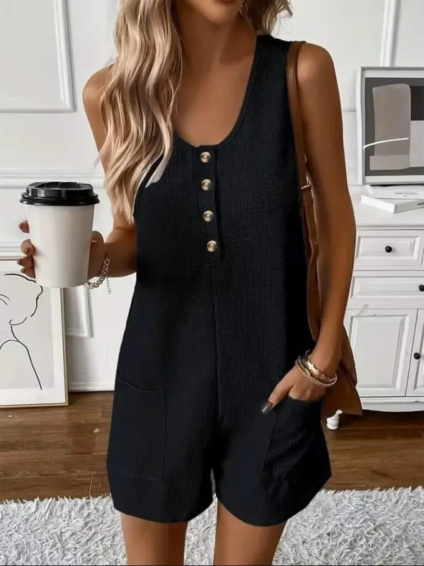 Women's Button-Front Waffle Knit Short Romper with Straps - 1