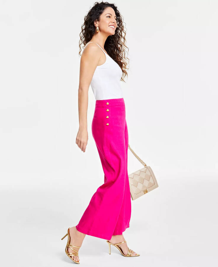 Women's Button-Trim Wide-Leg Pants, Created for Modazone Pink Dragonfruit - 3