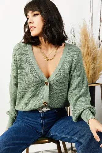 Women's Buttoned Cardigan in Teal Knit HRK-19000097-Teal - 3