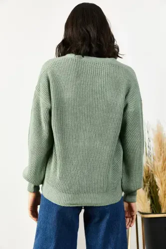 Women's Buttoned Cardigan in Teal Knit HRK-19000097-Teal - 5