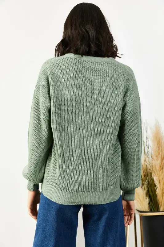 Women's Buttoned Cardigan in Teal Knit HRK-19000097-Teal - 5