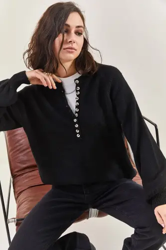 Women's Buttoned Collar Turtleneck Striped Knit Sweater 20223207 - Matte Black - 1