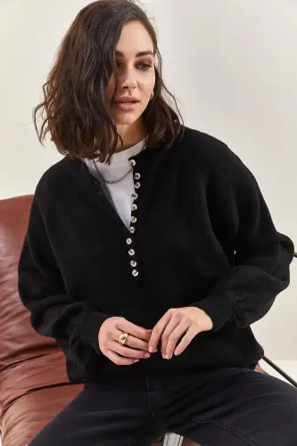 Women's Buttoned Collar Turtleneck Striped Knit Sweater 20223207 - Matte Black - 3