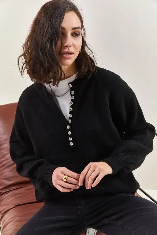 Women's Buttoned Collar Turtleneck Striped Knit Sweater 20223207 - Matte Black - 3