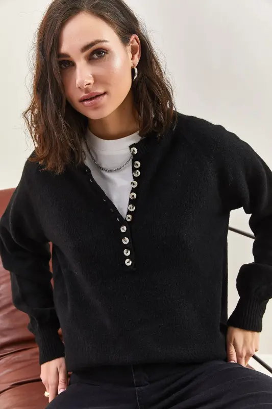 Women's Buttoned Collar Turtleneck Striped Knit Sweater 20223207 - Matte Black - 4