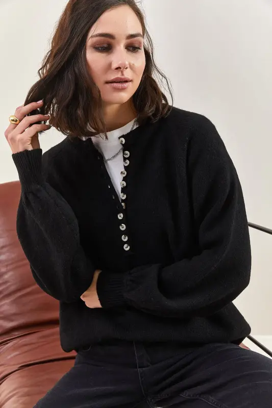 Women's Buttoned Collar Turtleneck Striped Knit Sweater 20223207 - Matte Black - 5