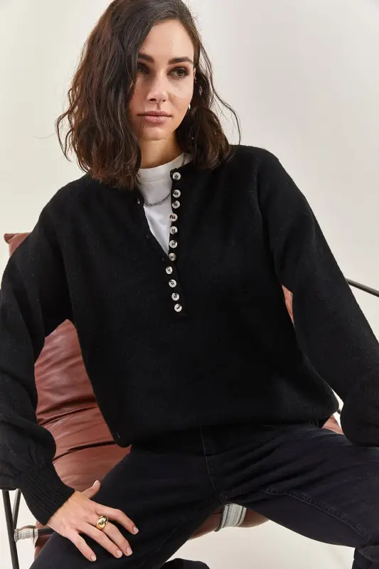 Women's Buttoned Collar Turtleneck Striped Knit Sweater 20223207 - Matte Black - 6
