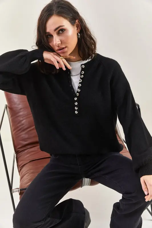 Women's Buttoned Collar Turtleneck Striped Knit Sweater 20223207 - Matte Black - 8