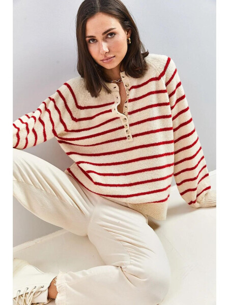 Women's Buttoned Fisherman Neck Striped Knit Sweater - LC WAIKIKI