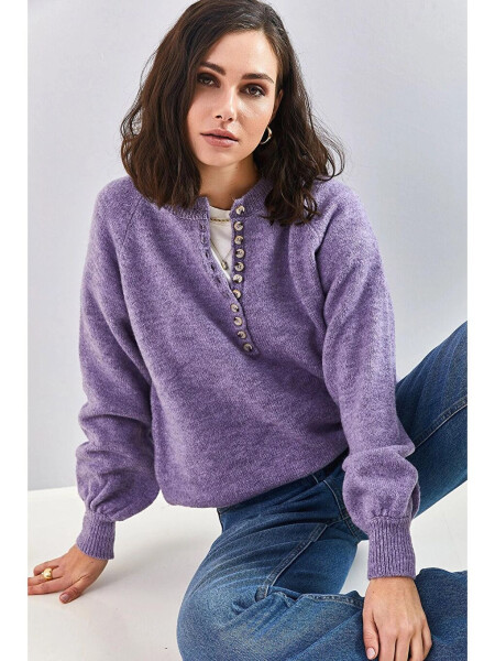 Women's Buttoned Fisherman Neck Striped Knit Sweater - 6