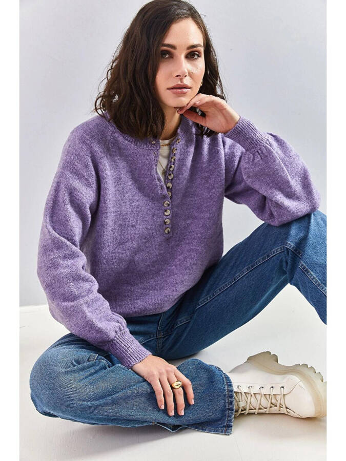 Women's Buttoned Fisherman Neck Striped Knit Sweater - 10