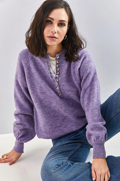 Women's Buttoned Fisherman Neck Striped Knit Sweater - 11