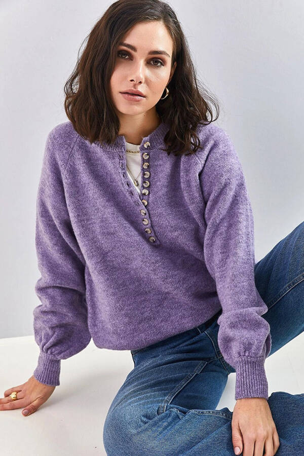 Women's Buttoned Fisherman Neck Striped Knit Sweater - 11