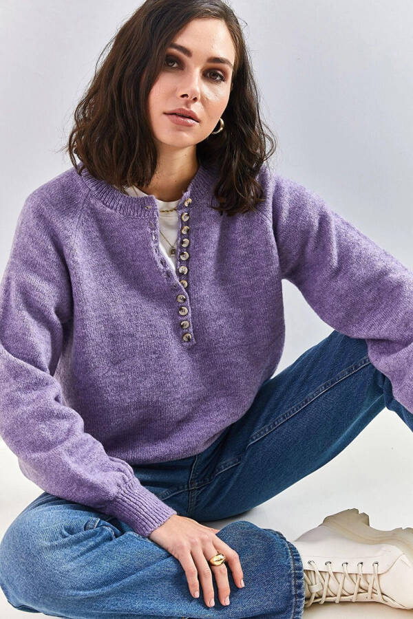 Women's Buttoned Fisherman Neck Striped Knit Sweater - 14