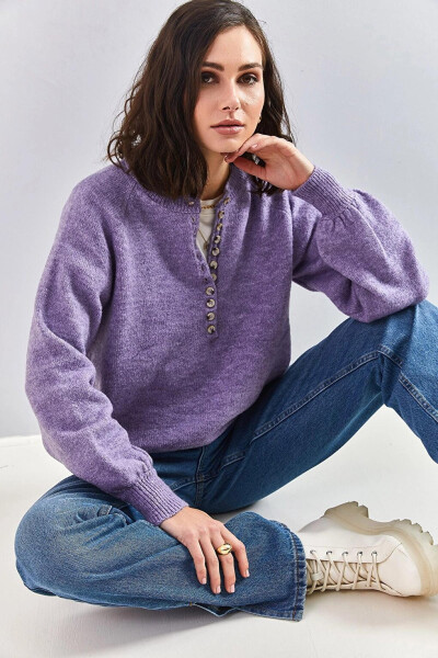 Women's Buttoned Fisherman Neck Striped Knit Sweater - 15