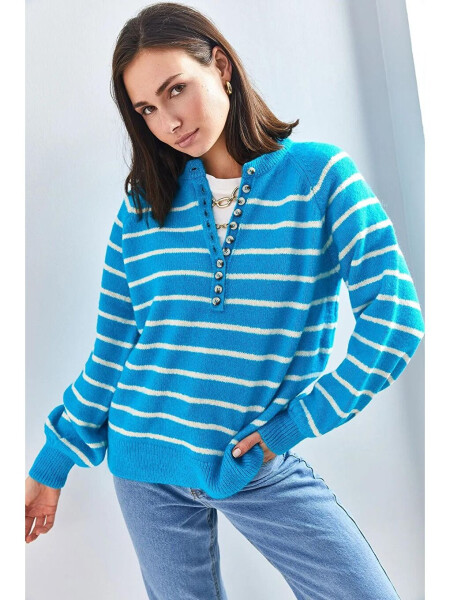 Women's Buttoned Fisherman Neck Striped Knit Sweater - 8