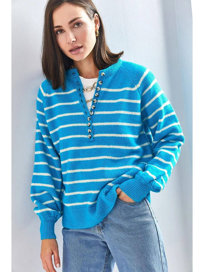 Women's Buttoned Fisherman Neck Striped Knit Sweater - 1