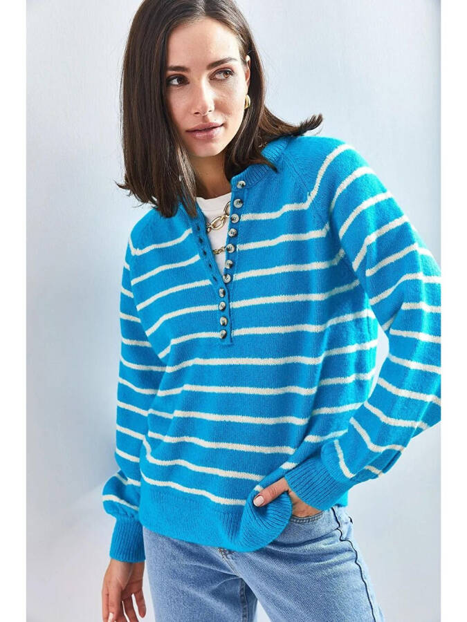 Women's Buttoned Fisherman Neck Striped Knit Sweater - 2