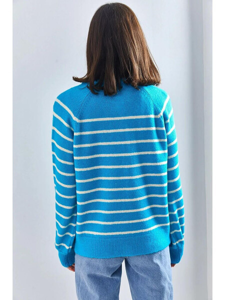 Women's Buttoned Fisherman Neck Striped Knit Sweater - 5